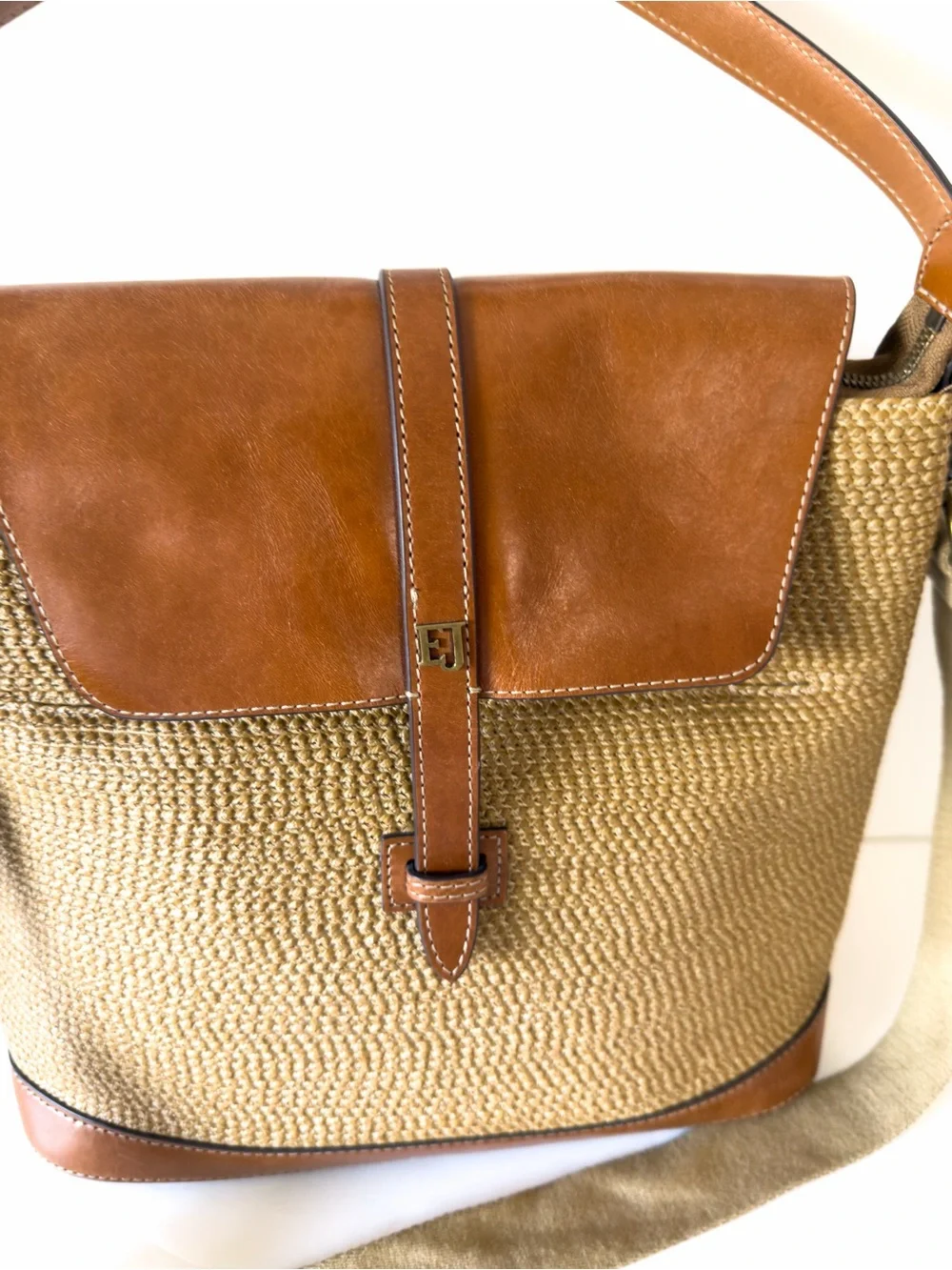 Eric Javitiz Squishee Bel Air Woven Straw Leather Trim Shoulder Bag Natural Tan